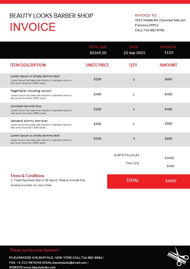 Barbershop Invoice Template PSD template